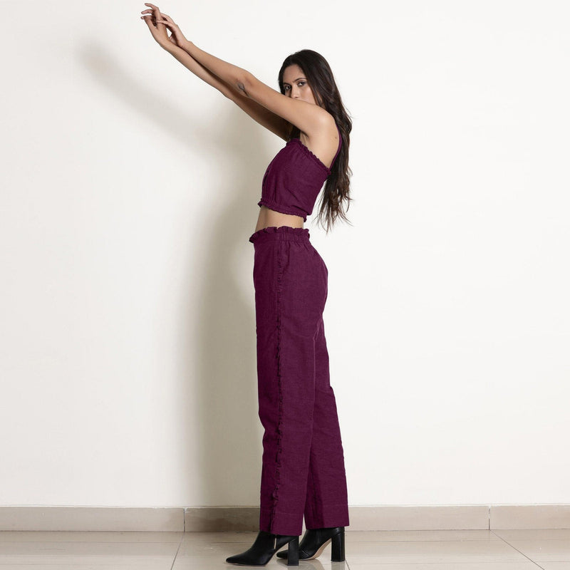 Left View of a Model wearing Warm Berry Wine Frilled Crop Bustier Top