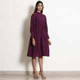 Right View of a Model wearing Berry Wine Warm Cotton Fit Knee Length Fit and Flare Dress