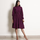 Front View of a Model wearing Berry Wine Warm Cotton Fit Knee Length Fit and Flare Dress