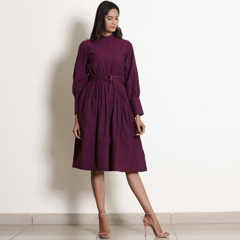 Front View of a Model wearing Berry Wine Warm Cotton Fit Knee Length Fit and Flare Dress