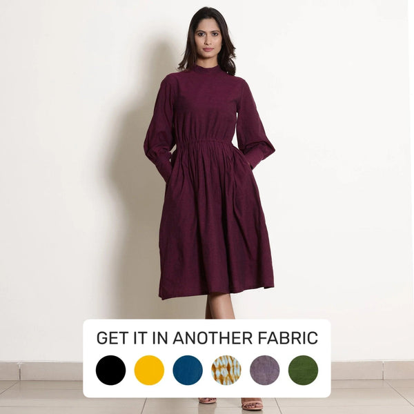 Front View of a Model wearing Berry Wine Warm Cotton Fit Knee Length Fit and Flare Dress