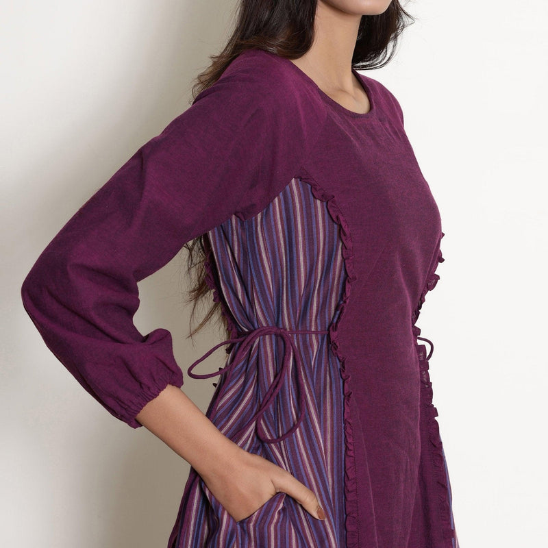 Right View of a Model wearing Warm Berry Wine Frilled Paneled Dress