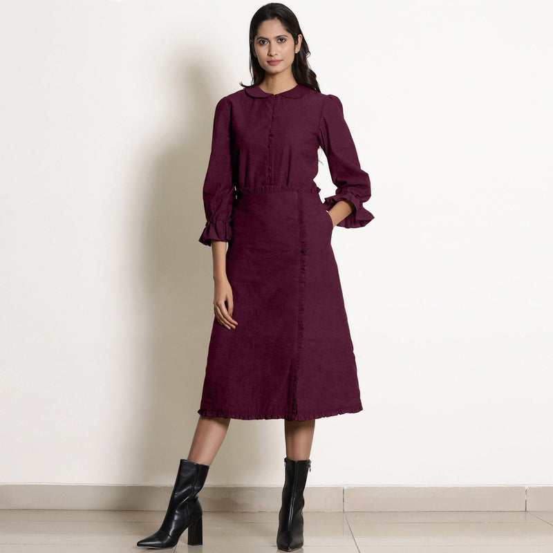 Front View of a Model wearing Warm Berry Wine A-Line Frilled Skirt