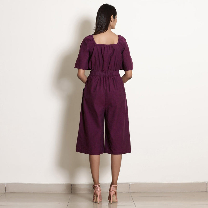 Back View of a Model wearing Warm Berry Wine Loose Fit Jumpsuit