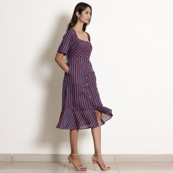 Right View of a Model wearing Berry Wine Warm Cotton Striped Midi Dress