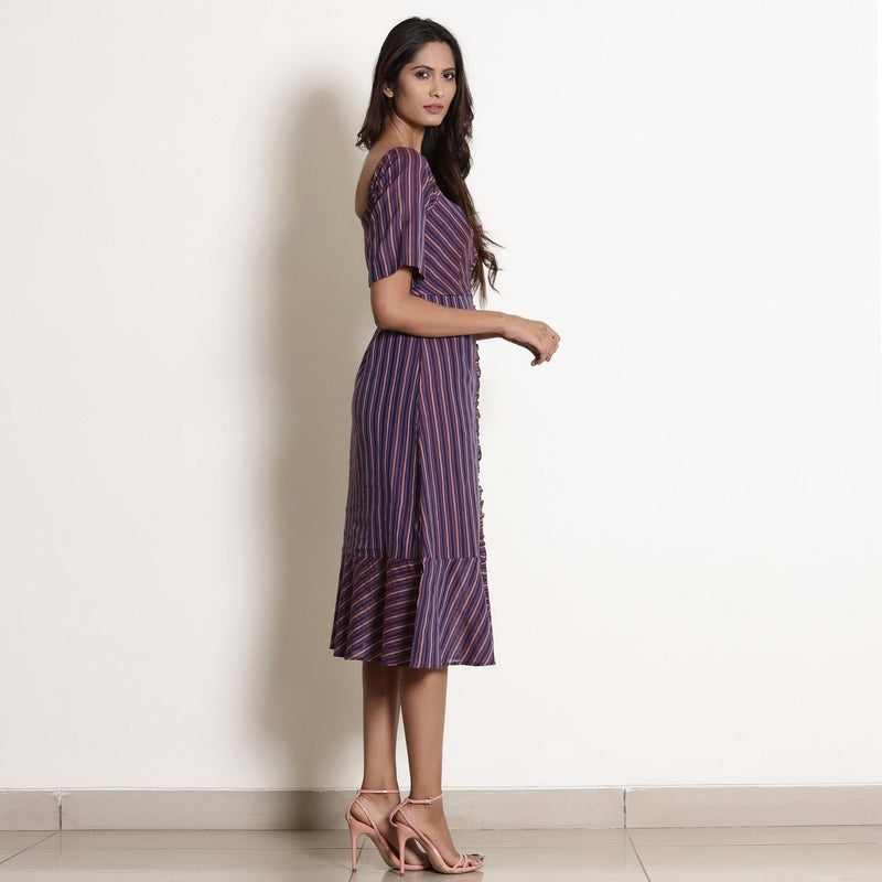 Right View of a Model wearing Warm Berry Wine Striped Button-Down Dress