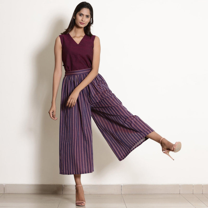 Front View of a Model wearing Warm Berry Wine Top and Striped Culottes Set