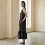 Black 100% Cotton A-Line V-Neck Sleeveless Maxi Tier Dress