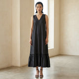 Black 100% Cotton A-Line V-Neck Sleeveless Maxi Tier Dress