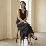 Black 100% Cotton A-Line V-Neck Sleeveless Maxi Tier Dress