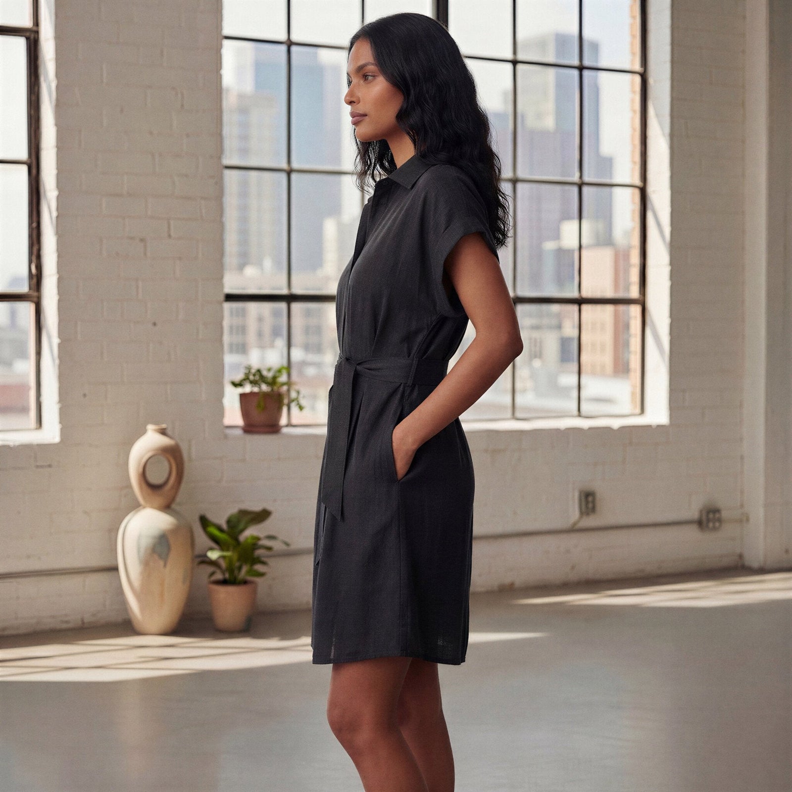 Black 100% Cotton A-Line Short Dress with Belt 34" / Custom Height (Free) Black 100% Cotton A-Line Short Dress with Belt 34" / Custom Height (Free)