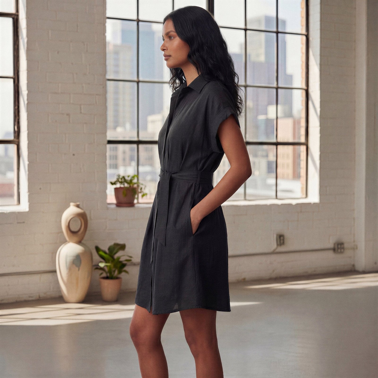 short sleeve dress cotton Black 100% A-Line with Belt 38