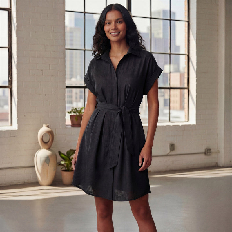 Black 100% Cotton A-Line Short Dress with Belt 38" / Tall (5'7" and above) Black 100% Cotton A-Line Short Dress with Belt 38" / Tall (5'7" and above)