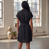 Black 100% Cotton A-Line Short Dress with Belt