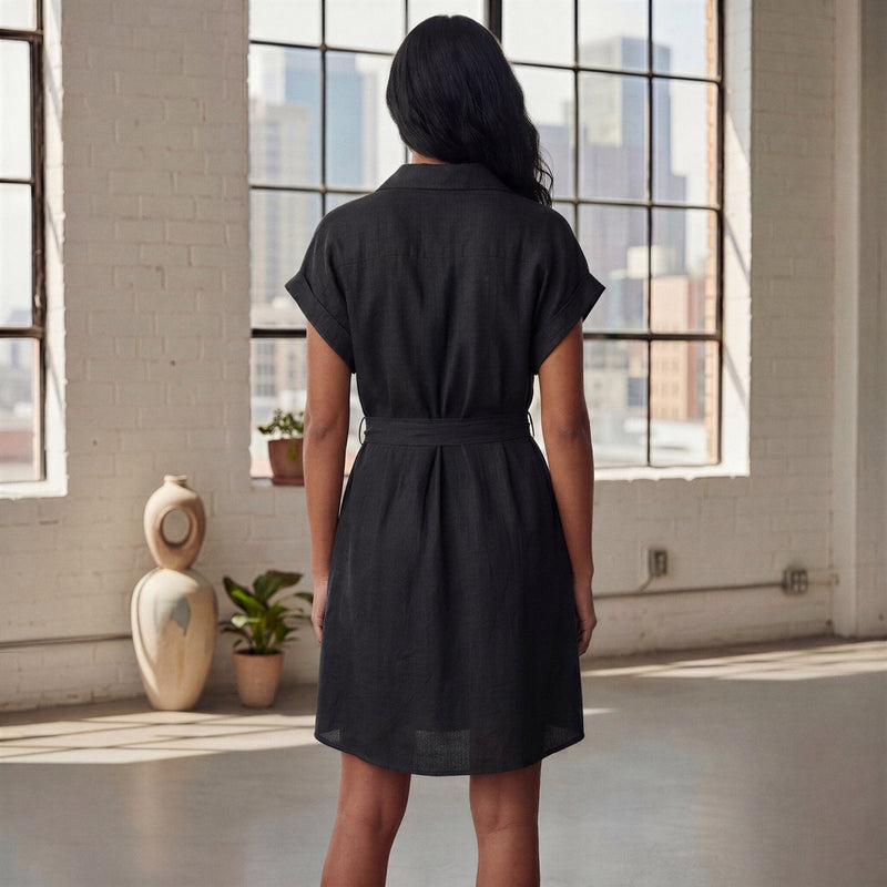 Black 100% Cotton A-Line Short Dress with Belt 38
