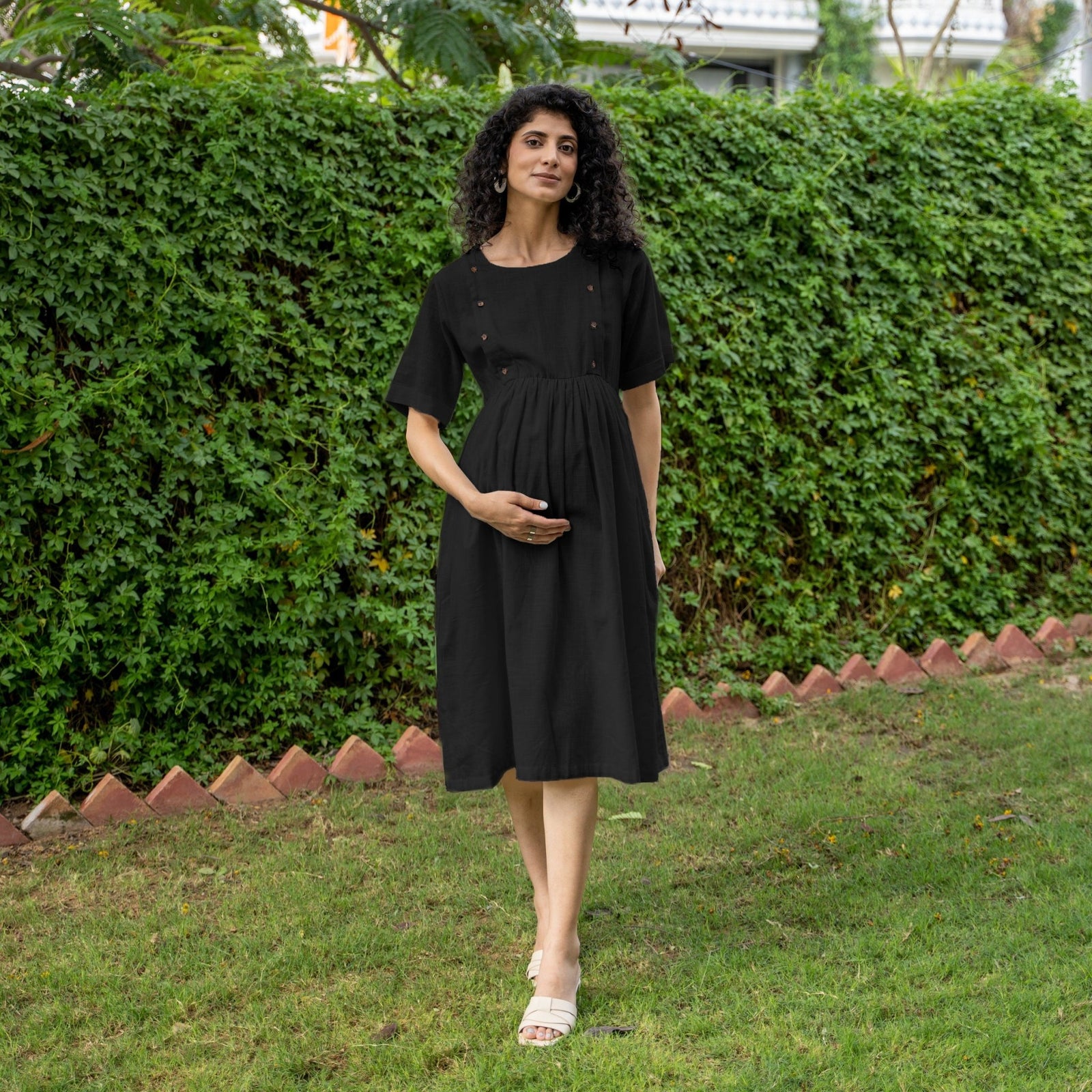 Black 100% Cotton Button-Down Knee Length Pre and Post Maternity Dress 68