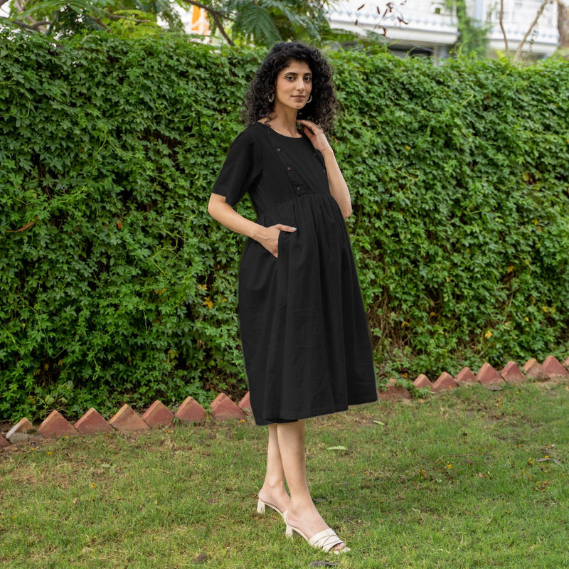 Black 100% Cotton Button-Down Knee Length Pre and Post Maternity Dress 68 Black 100% Cotton Button-Down Knee Length Pre and Post Maternity Dress 68