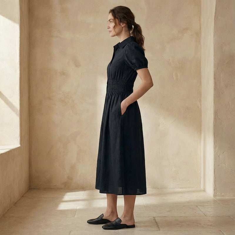 Black 100% Cotton Button-Down Midi Shirt Dress 54
