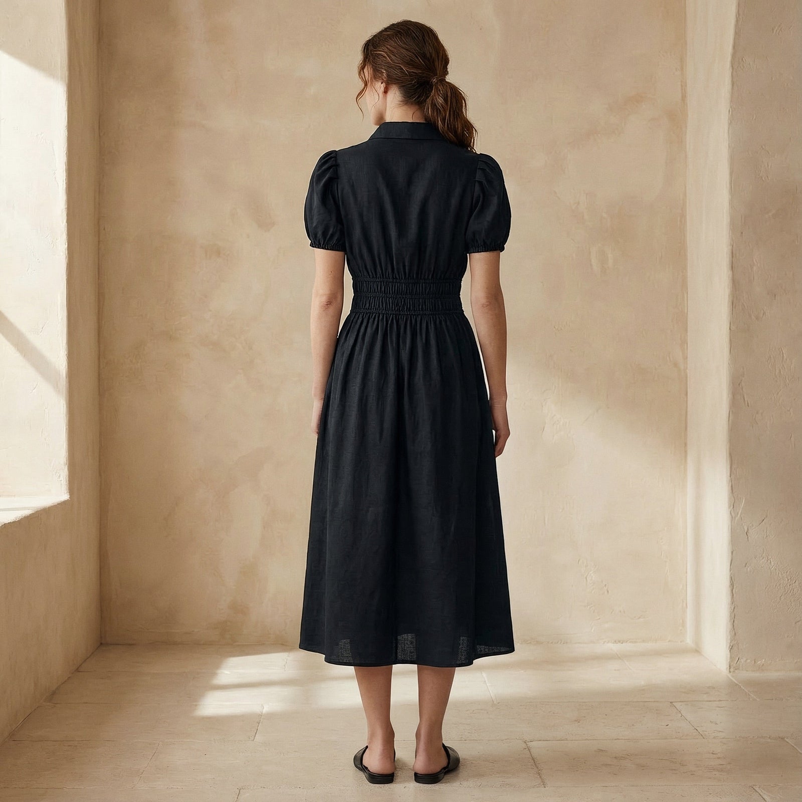 Black 100% Cotton Button-Down Midi Shirt Dress 54