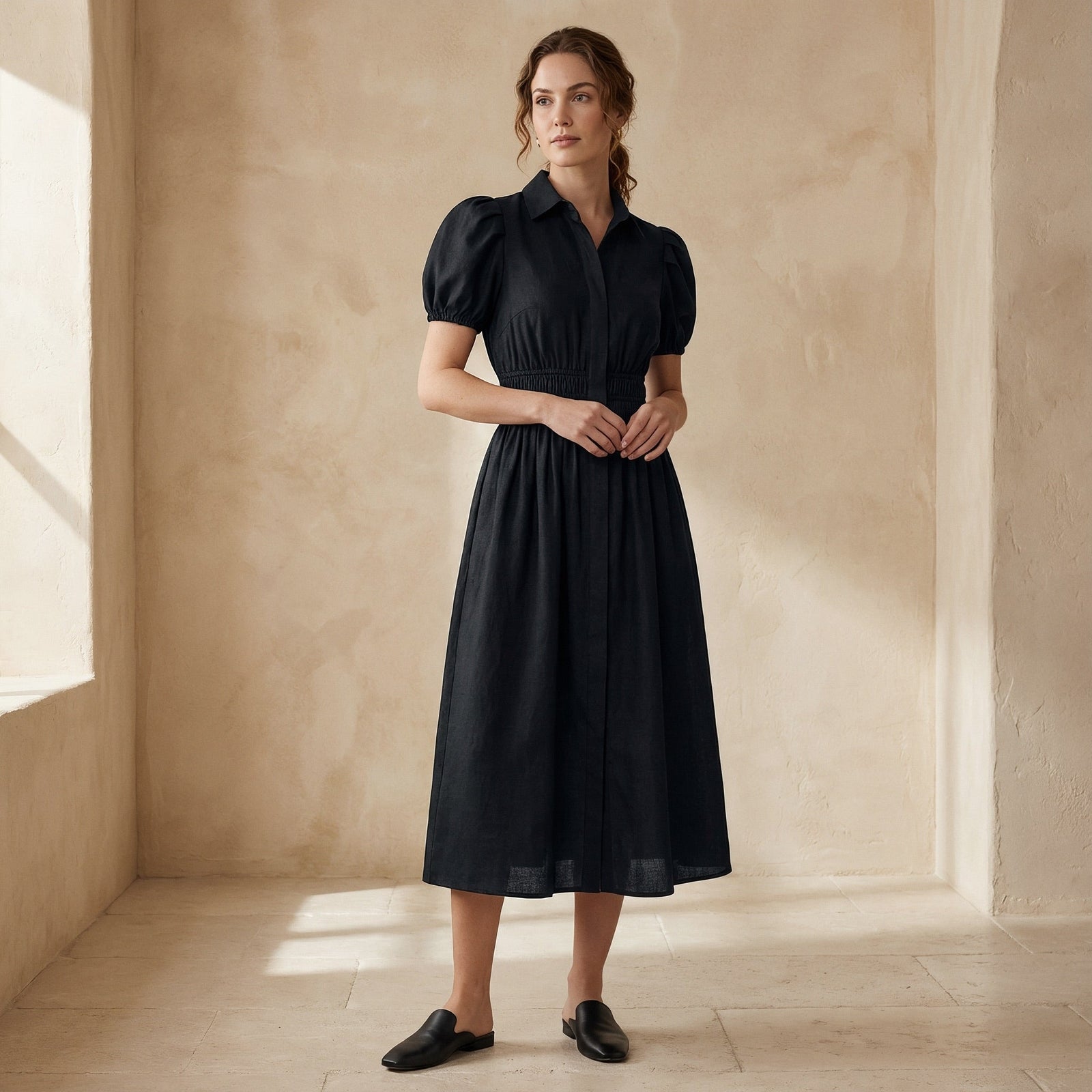 Black 100% Cotton Button-Down Midi Shirt Dress 54