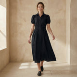 Black 100% Cotton Button-Down Midi Shirt Dress
