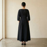 Black 100% Cotton Cinched Waist Flared Maxi Dress