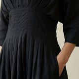 Black 100% Cotton Cinched Waist Flared Maxi Dress