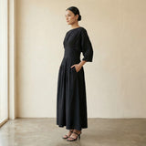 Black 100% Cotton Cinched Waist Flared Maxi Dress