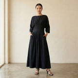 Black 100% Cotton Cinched Waist Flared Maxi Dress