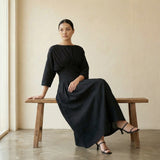 Black 100% Cotton Cinched Waist Flared Maxi Dress