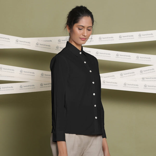 Black 100% Cotton Cuff Sleeves Button-Down Shirt