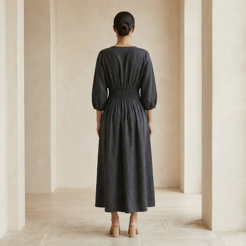 Black 100% Cotton Deep-V Neck Empire Waist Maxi Dress 48