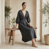 Black 100% Cotton Deep-V Neck Empire Waist Maxi Dress