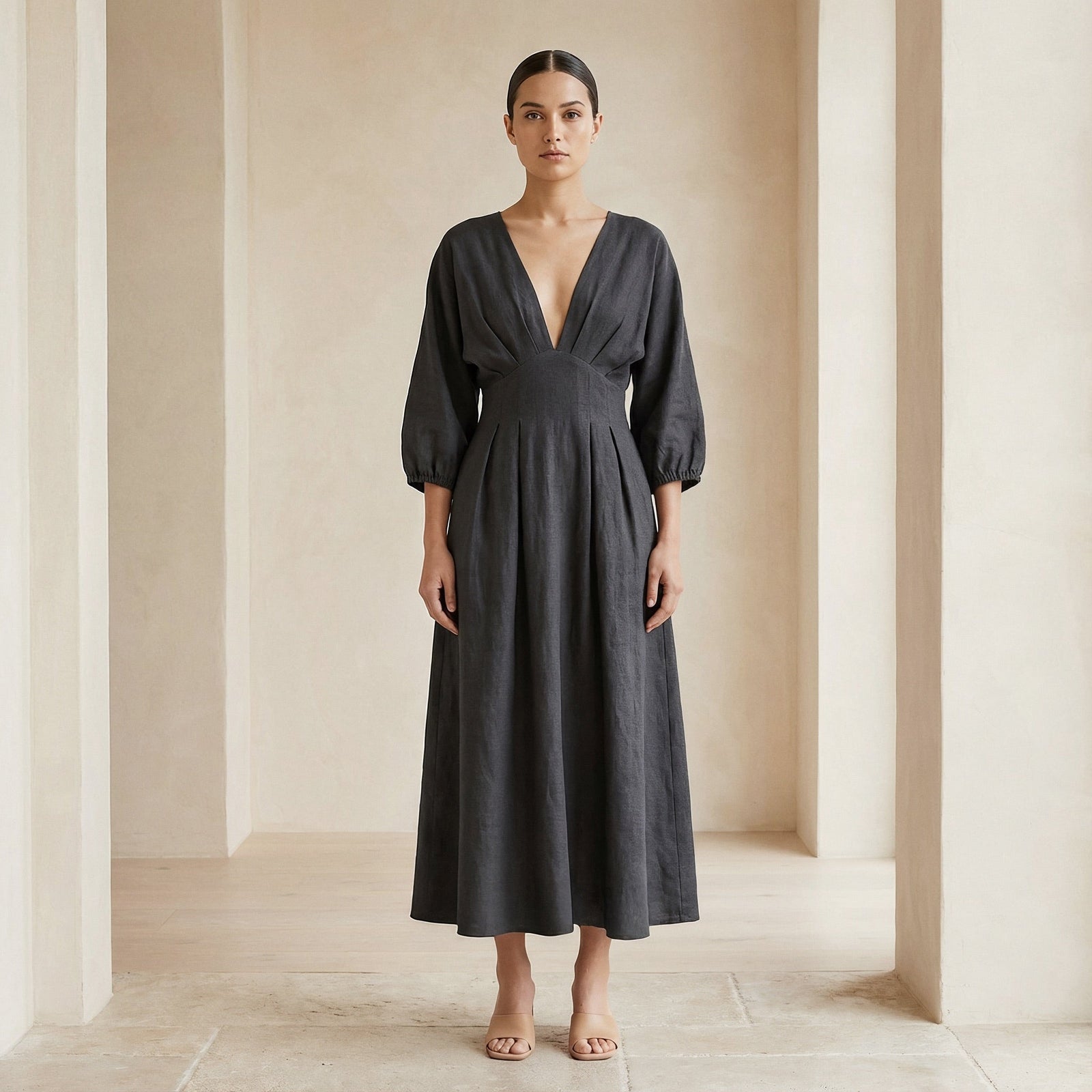 deep v neck empire waist dress Black 100% Cotton Deep-V Maxi 48