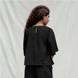 Black 100% Cotton Drop Shoulder Sleeves Gathered Top