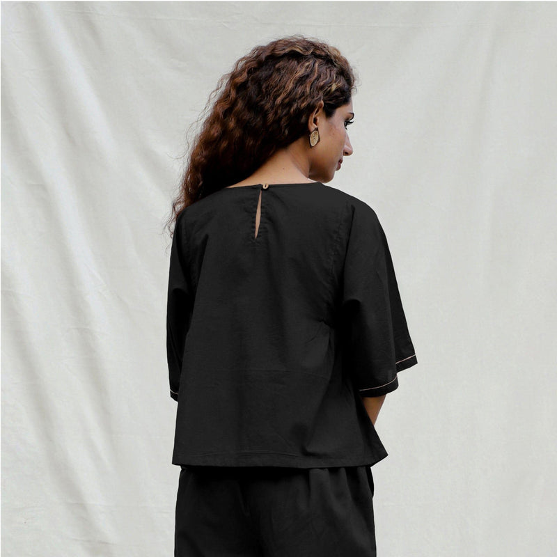 Black 100% Cotton Drop Shoulder Sleeves Gathered Top