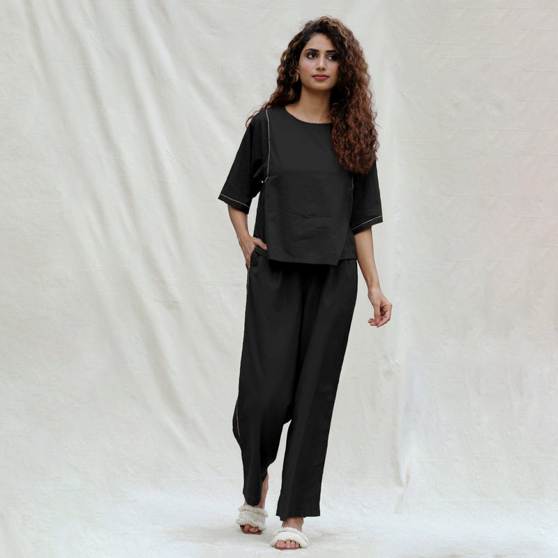 Black 100% Cotton Drop Shoulder Sleeves Gathered Top