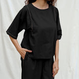 Black 100% Cotton Drop Shoulder Sleeves Gathered Top