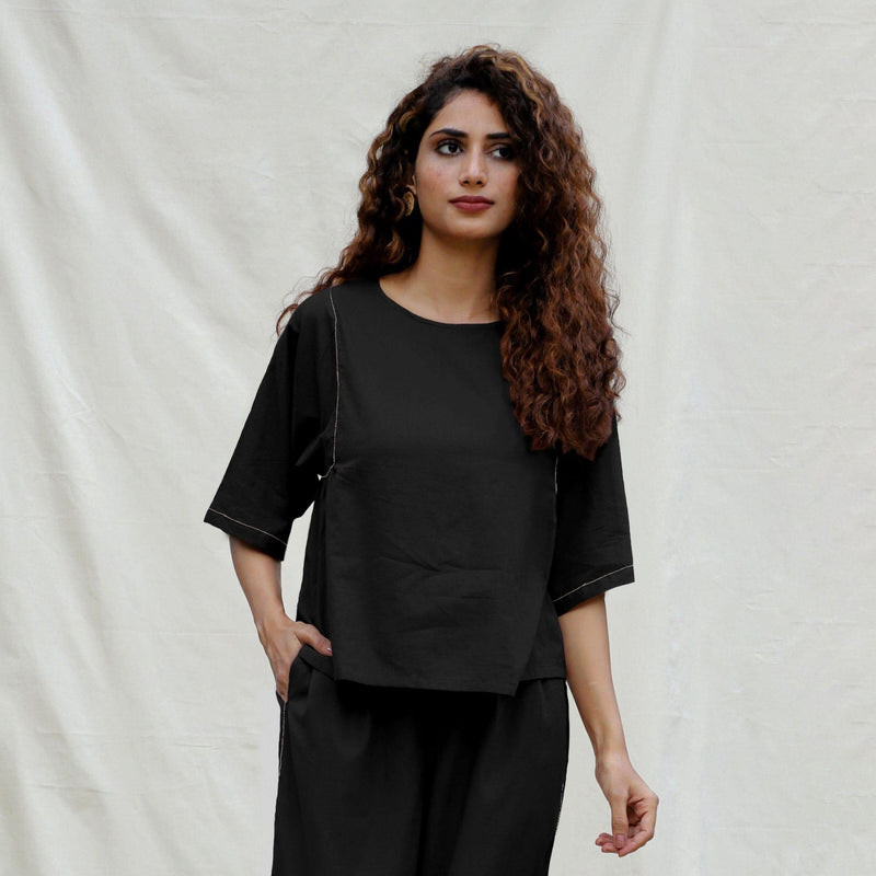 Black 100% Cotton Drop Shoulder Sleeves Gathered Top