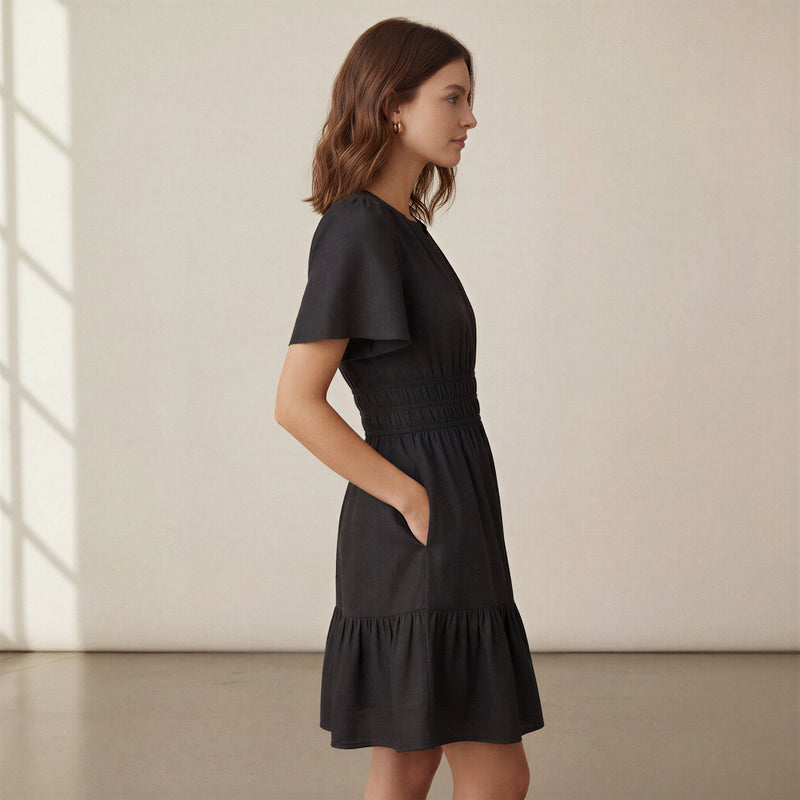 Black 100% Cotton Elasticated Short Tier Dress
