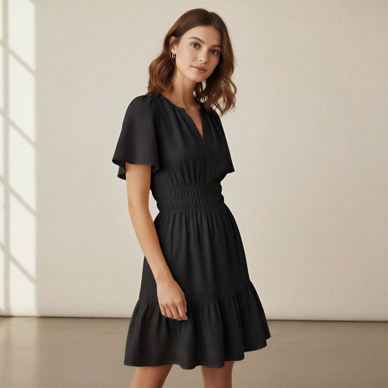 Black 100% Cotton Elasticated Short Tier Dress