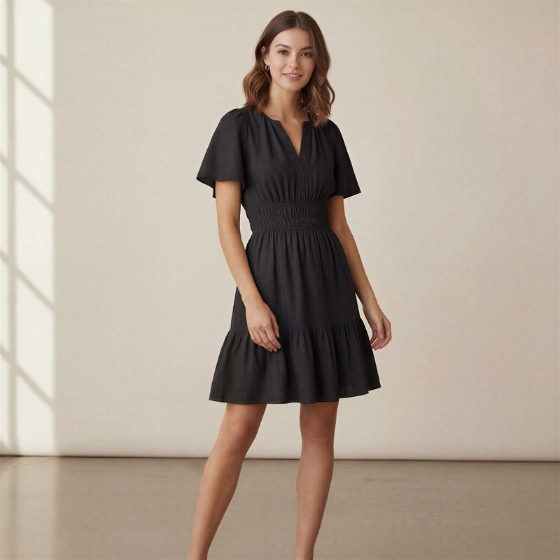 Black 100% Cotton Elasticated Short Tier Dress