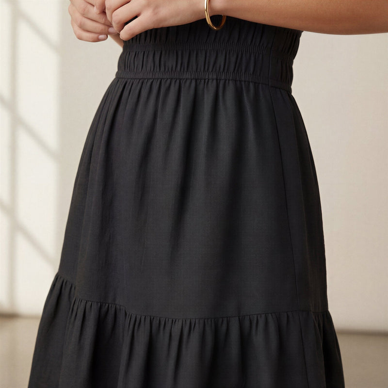Black 100% Cotton Elasticated Short Tier Dress