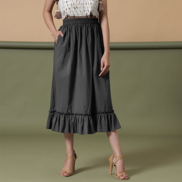 Black 100% Cotton Elasticated Tier Midi Skirt