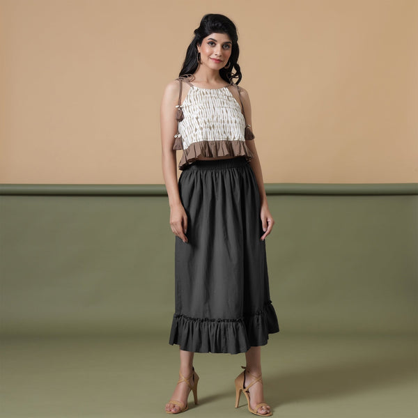 Black 100% Cotton Elasticated Tier Midi Skirt