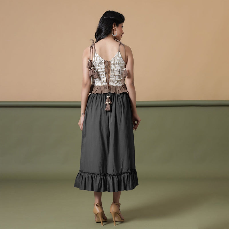 Black 100% Cotton Elasticated Tier Midi Skirt