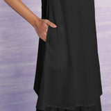 Black 100% Cotton Knee Length Hand Beaded A-Line Dress