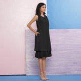 Black 100% Cotton Knee Length Hand Beaded A-Line Dress