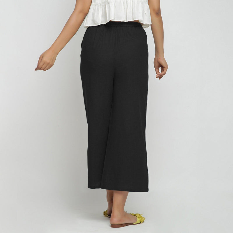 Black 100% Cotton Mid-Rise Elasticated Wide Legged Pant