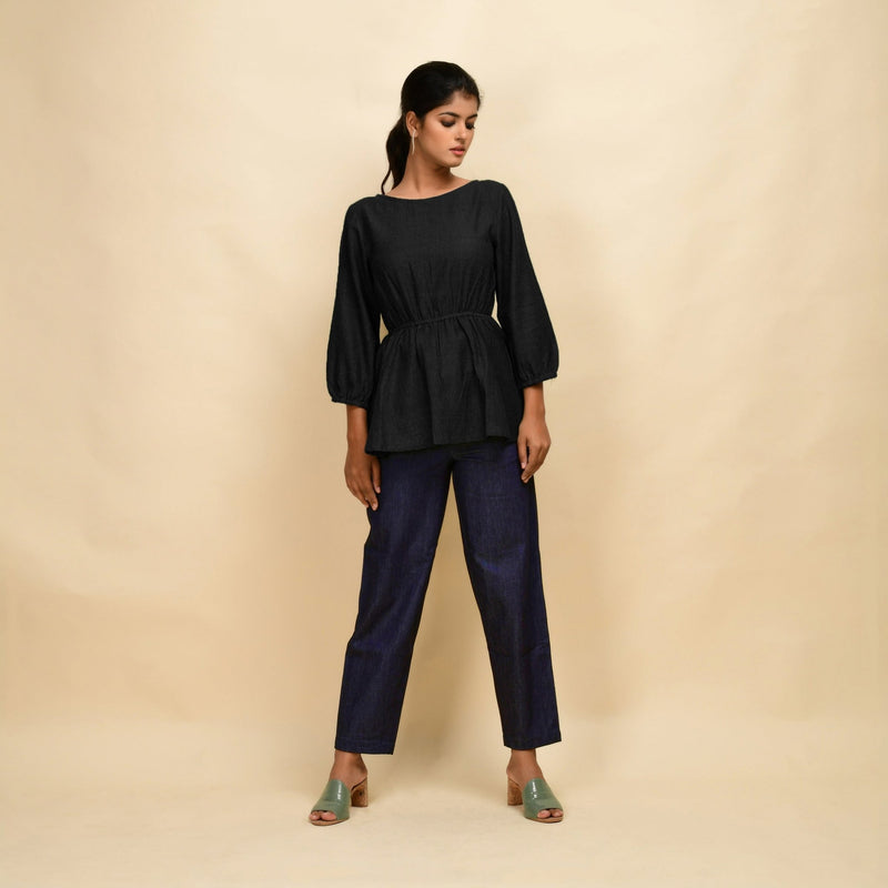 Black 100% Cotton Round Neck Peplum Top